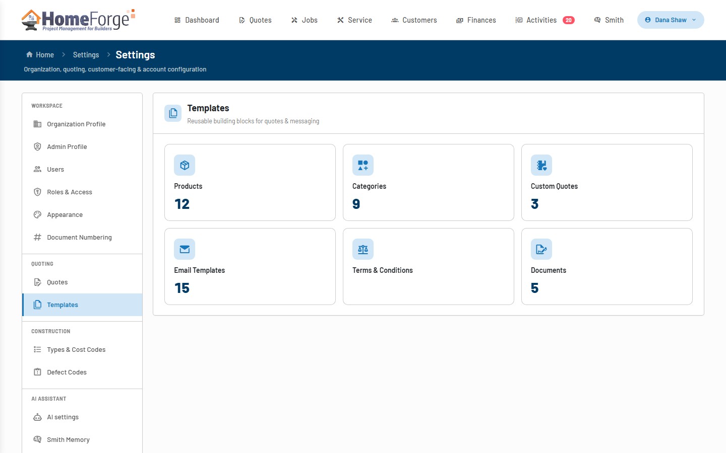 Templates settings