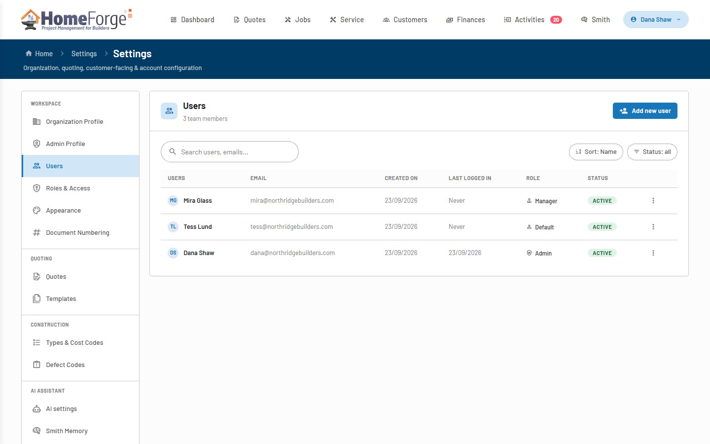 Users and roles settings